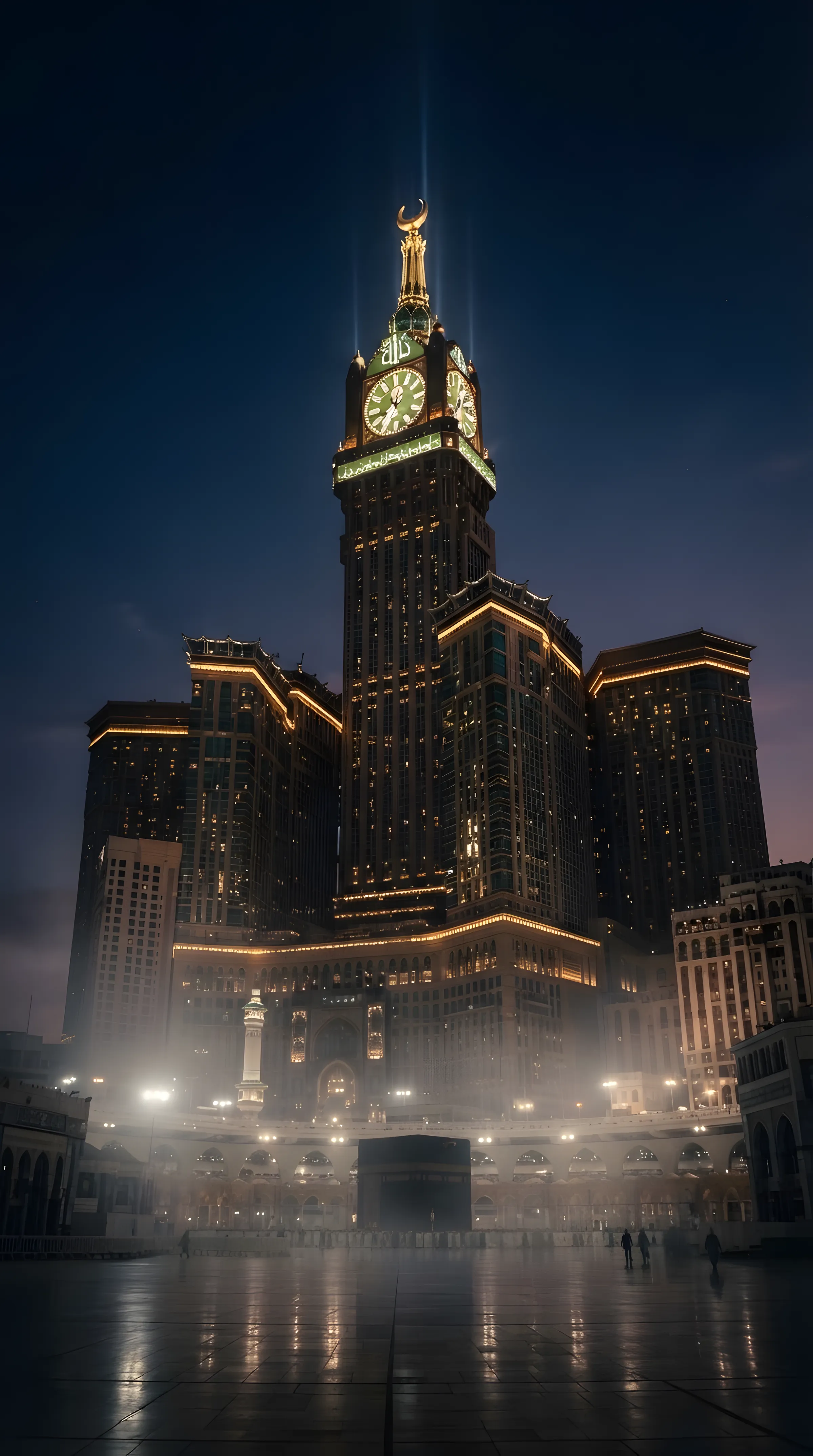 The Makkah clock tower lit up at night above the Haram